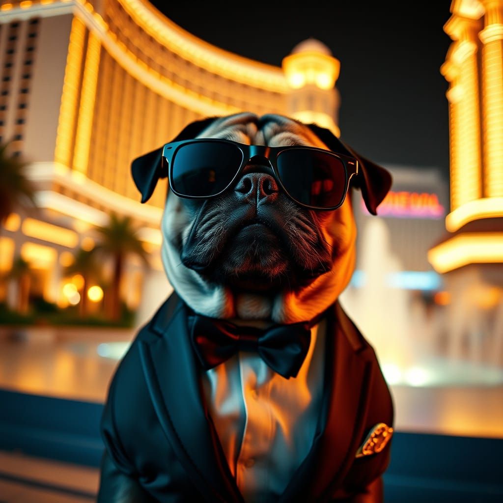 Elegant Pug in Las Vegas Evening Attire, Cinematic Film Stil...