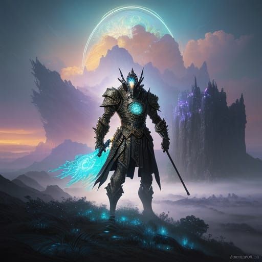 Heroic Warrior in Neon Armor Under Auroracore Skies