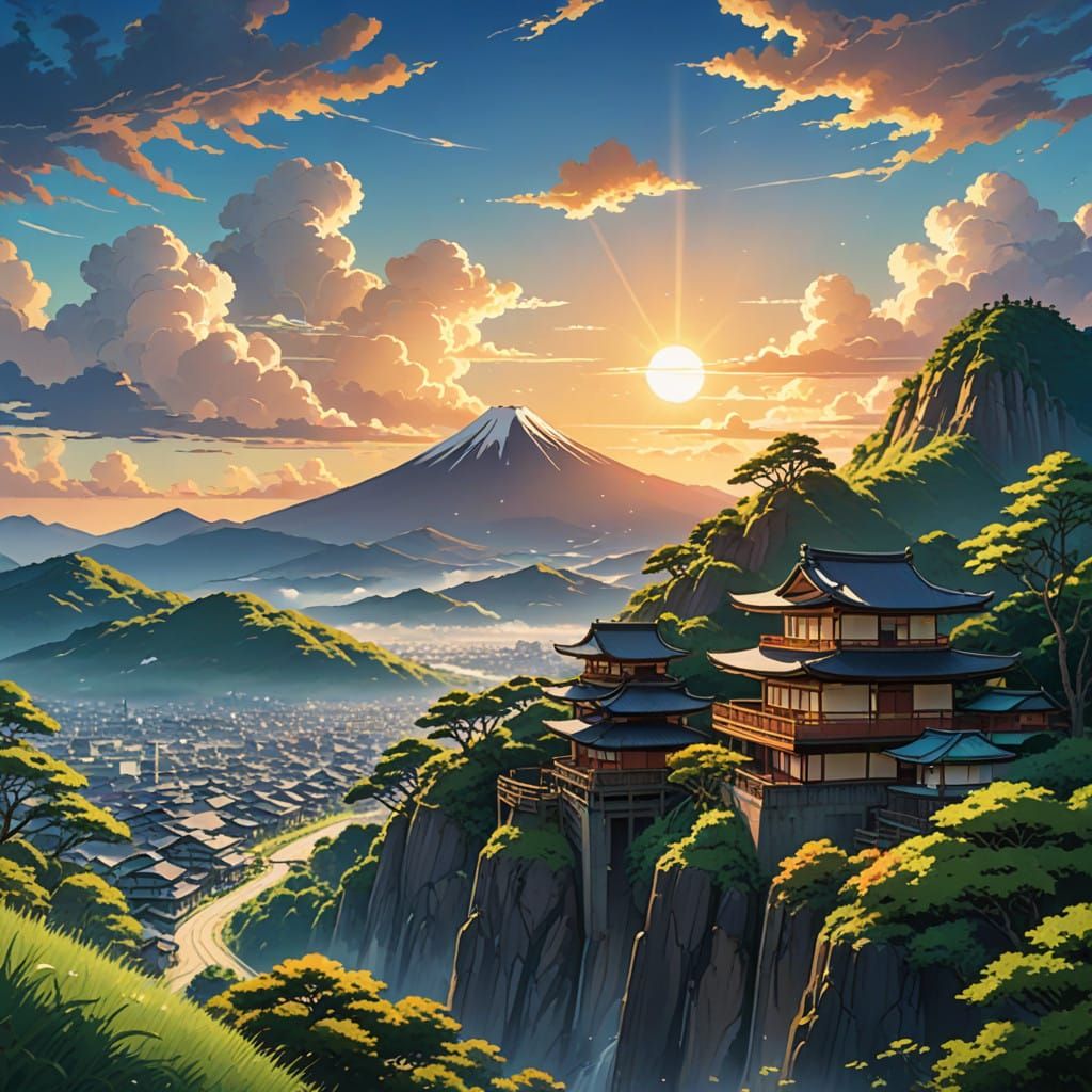 Serene Mountain Peak with Quaint Japanese Village at Sunset