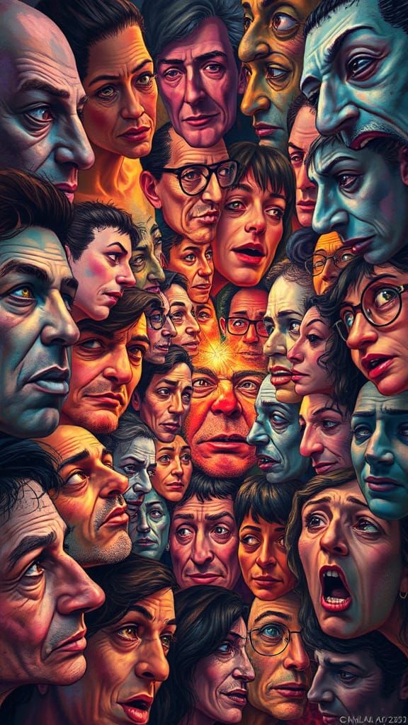 Surrealist Vortex of Faces in Vibrant Colors