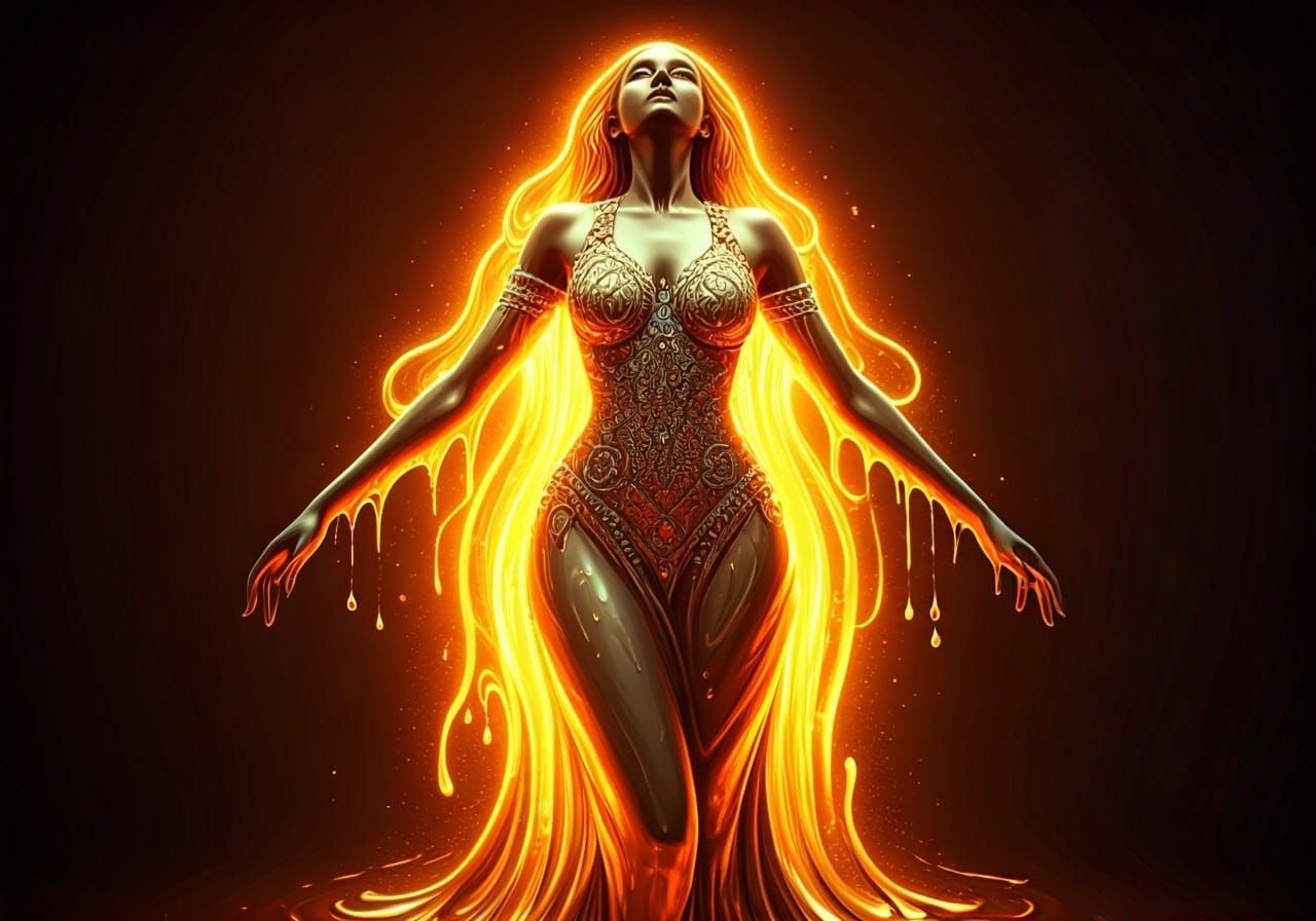 Cherry Gold Goddess Unfolds from Liquid Metal