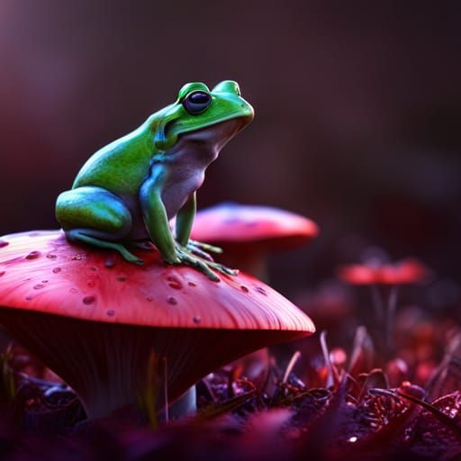 Green Frog on a Red Mushroom: Fantasy Art
