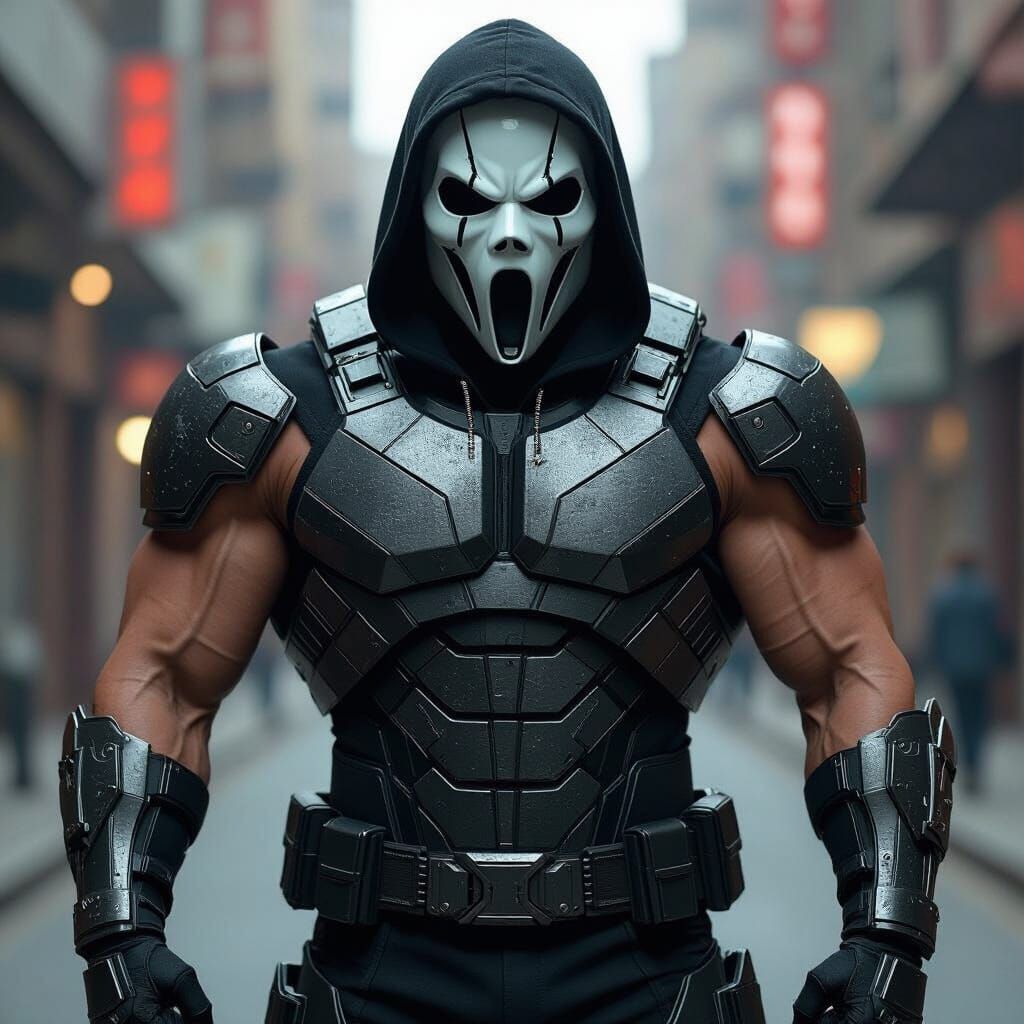 Cyberpunk Superhero in Ghostface Mask with Metallic Armor