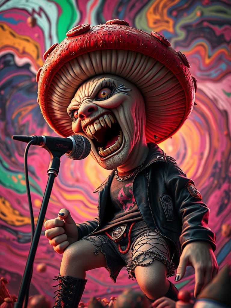 Surreal Mushroom Icon Shouts Anarchy Amidst Vibrant Colors