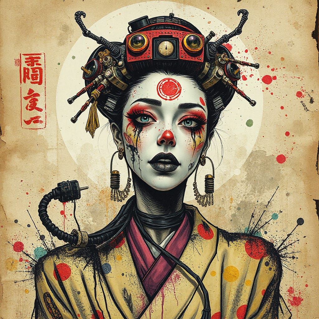 Cyberpunk Geisha with Ink Splatters: Grungy Illustration