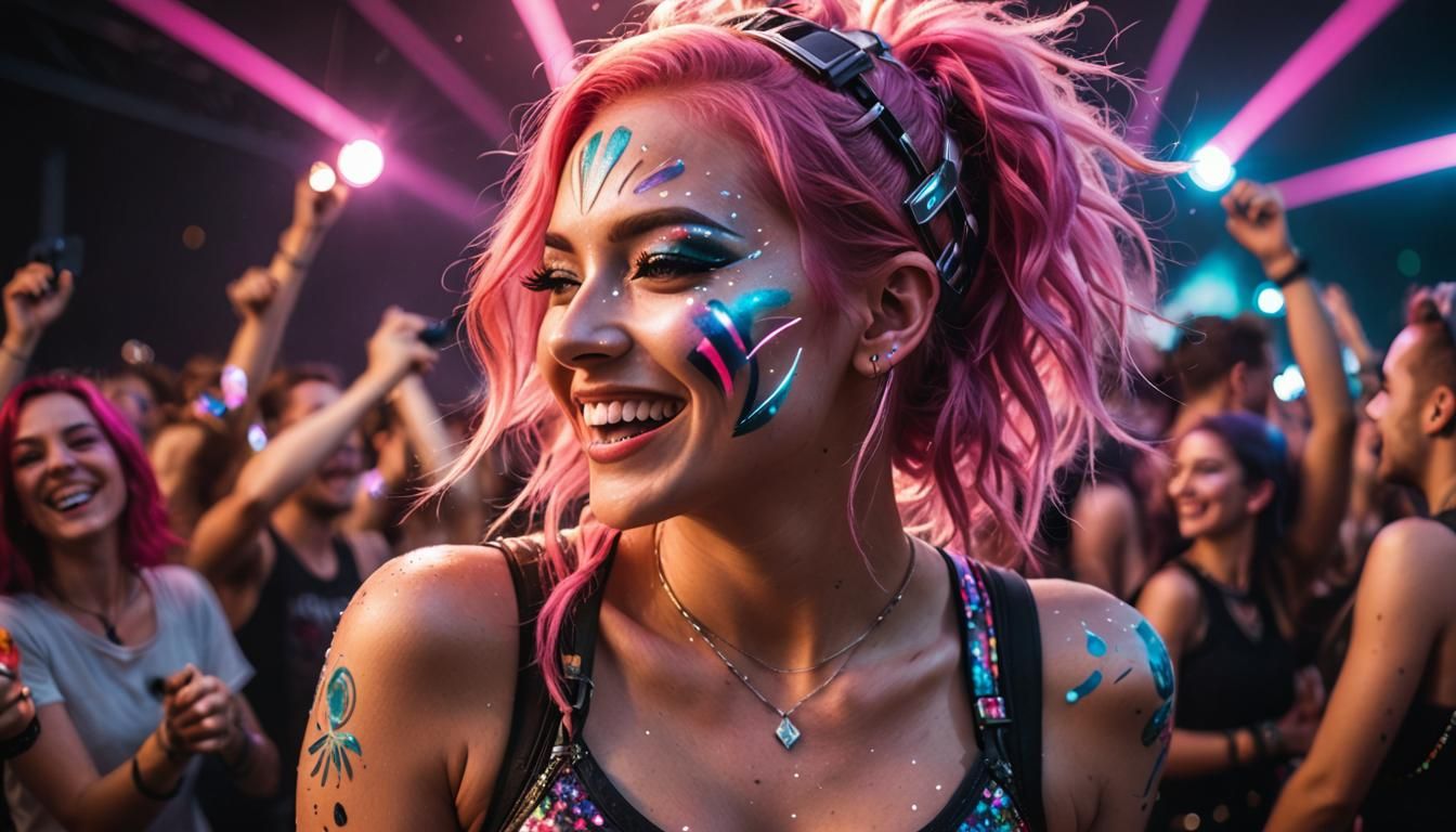 Woman with Pink Hair Dancing at a Rave