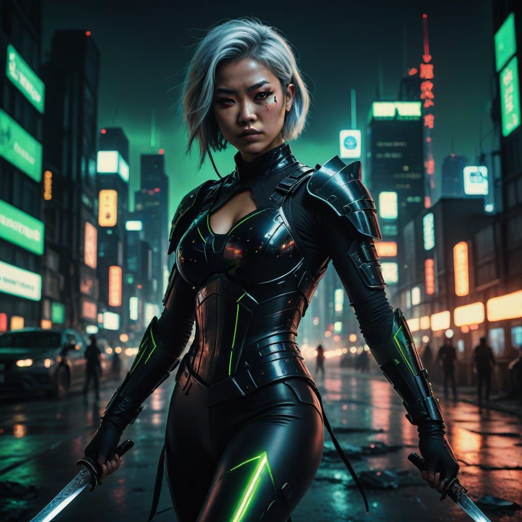 Cyberpunk Warrior in Neon-Inspired Oil Painting