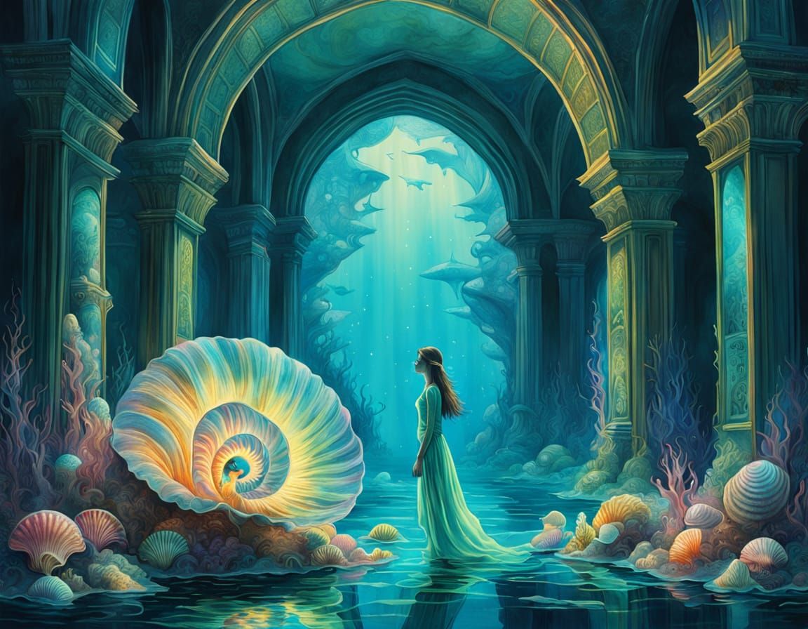 Ethereal Woman in Bioluminescent Underwater City