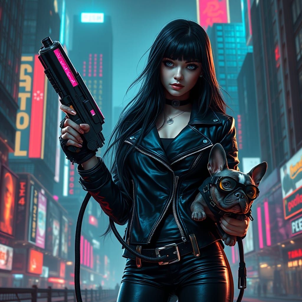 Cyberpunk Goth Girl with Frenchie in Dystopian City