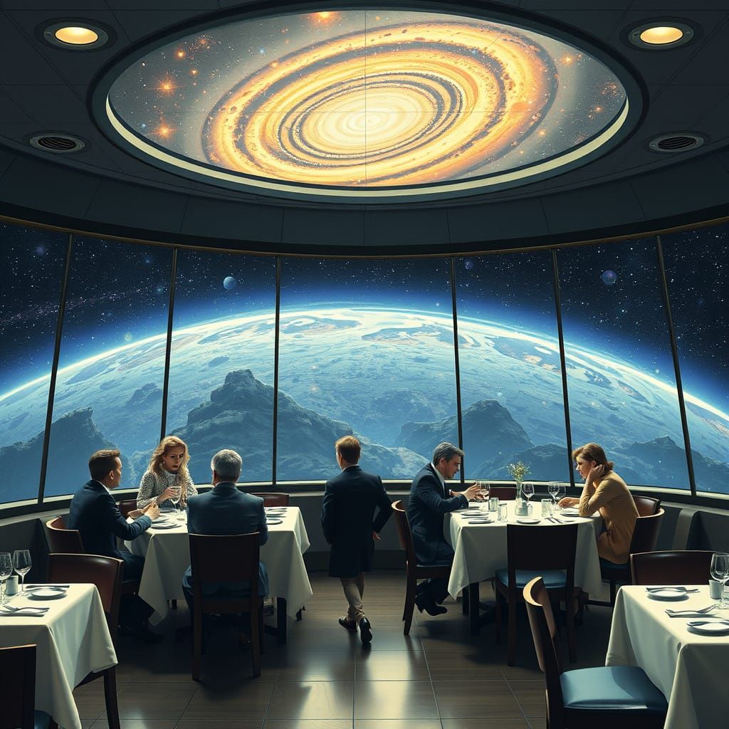 Elegant Patrons Dine Amidst Cosmic Ruin in a Futuristic Rest...