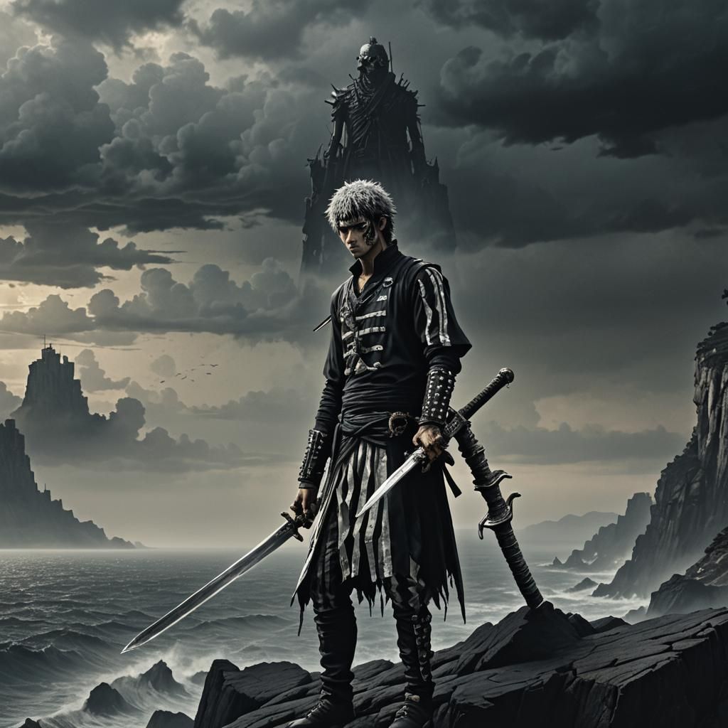 Trafalgar Law on Ominous Cliff in Beksiński Style