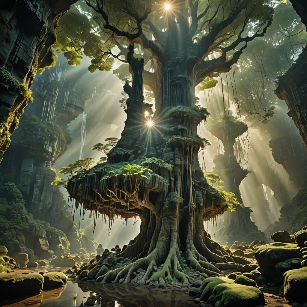 Dreamlike Fantasy Landscape with Cavern and Sunbeams