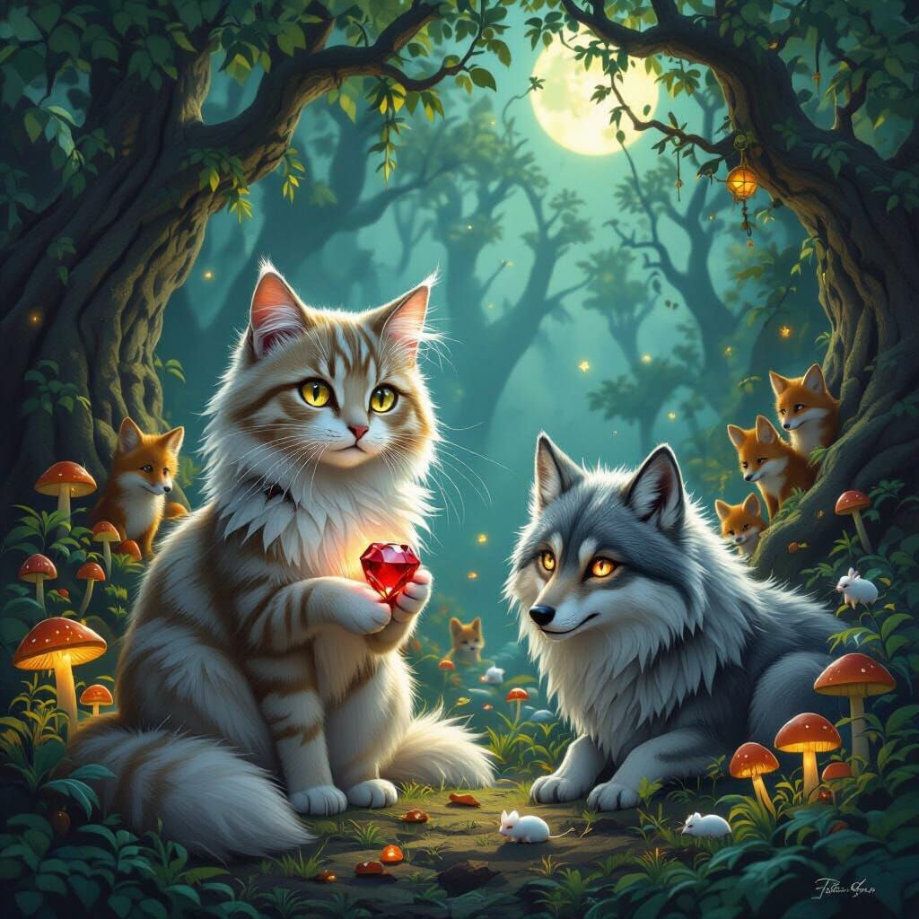Mystical Cat with Ruby Beside Wolf, Foxes Watch