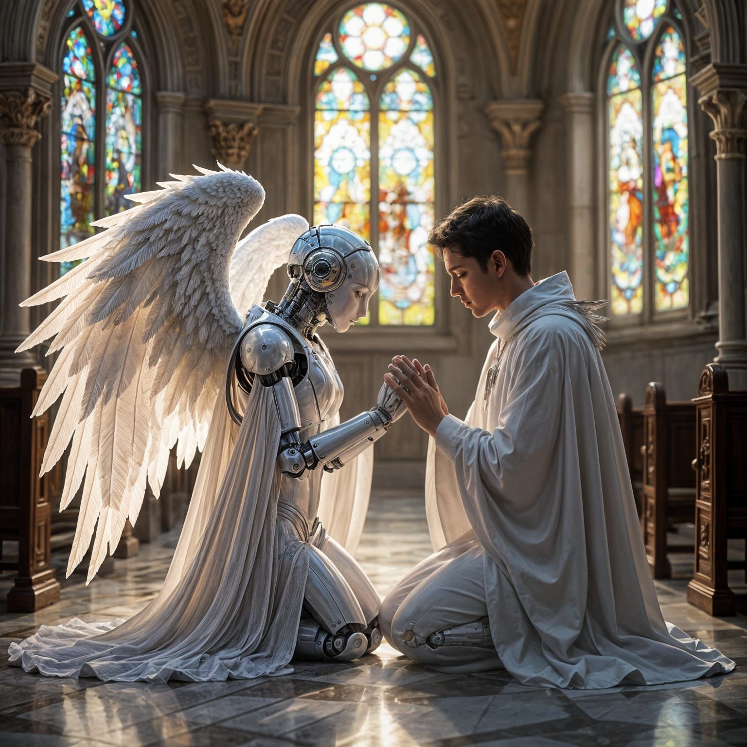 Robot with Angel Wings Praying with Human