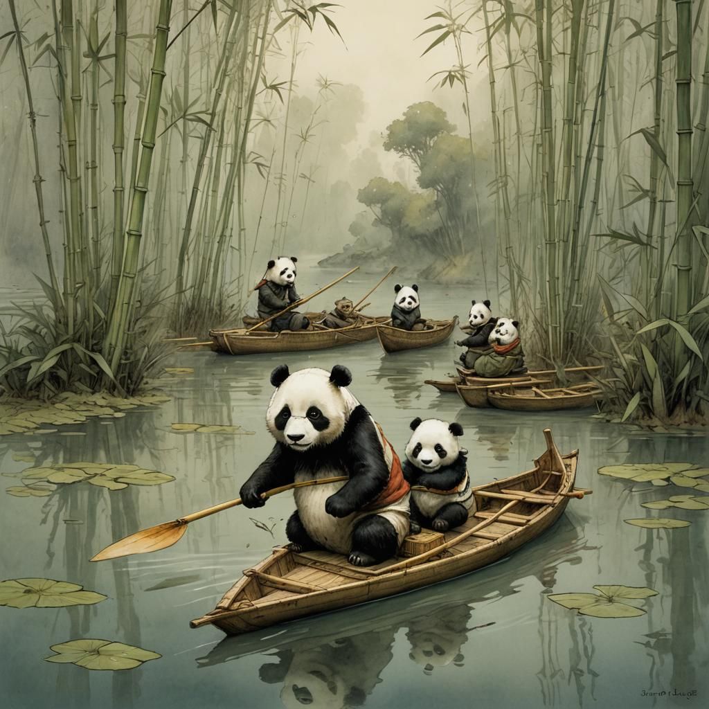 Panda's Bamboo Boat Adventure: Monge-Inspired Illustration