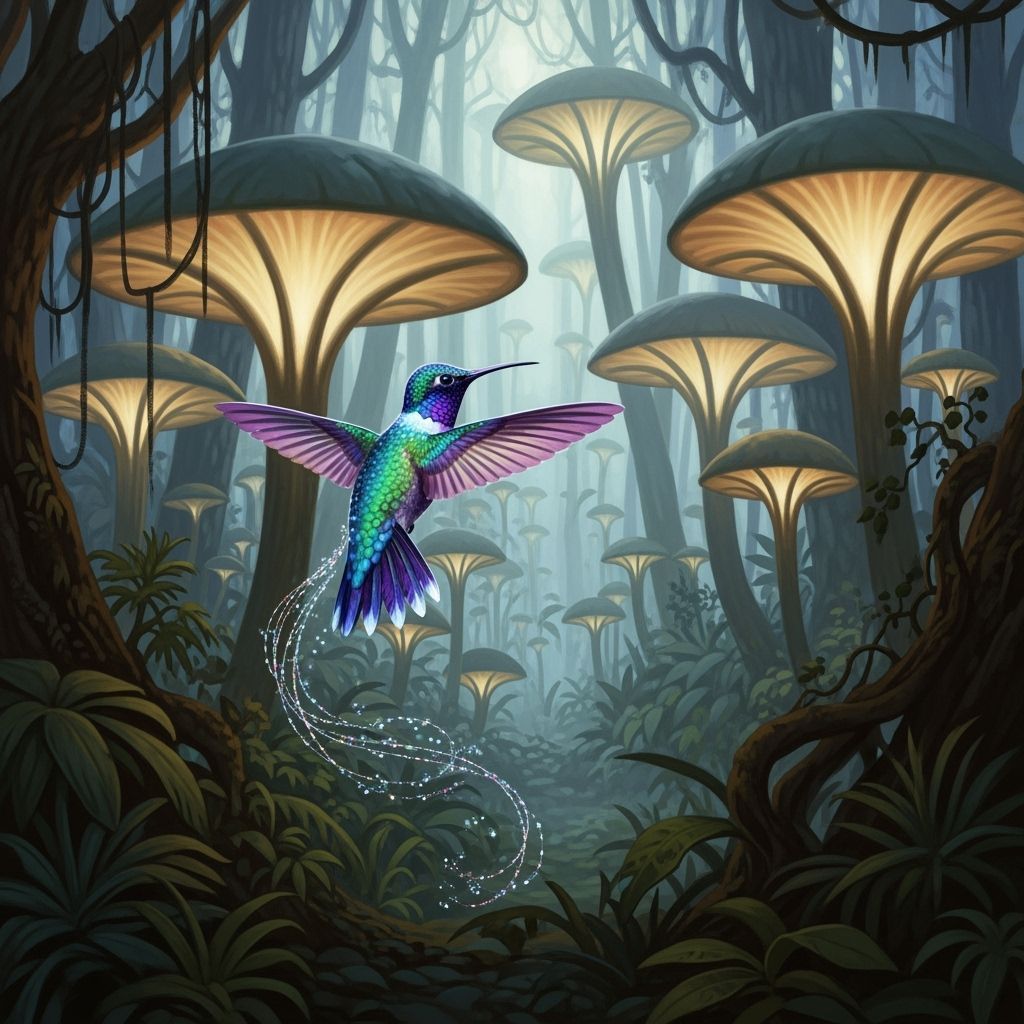 Bioluminescent Hummingbird in Alien Jungle, Art Nouveau