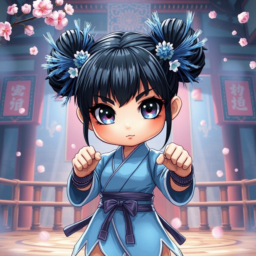 Chibi Fighter Girl in Ancient Japanese Temple