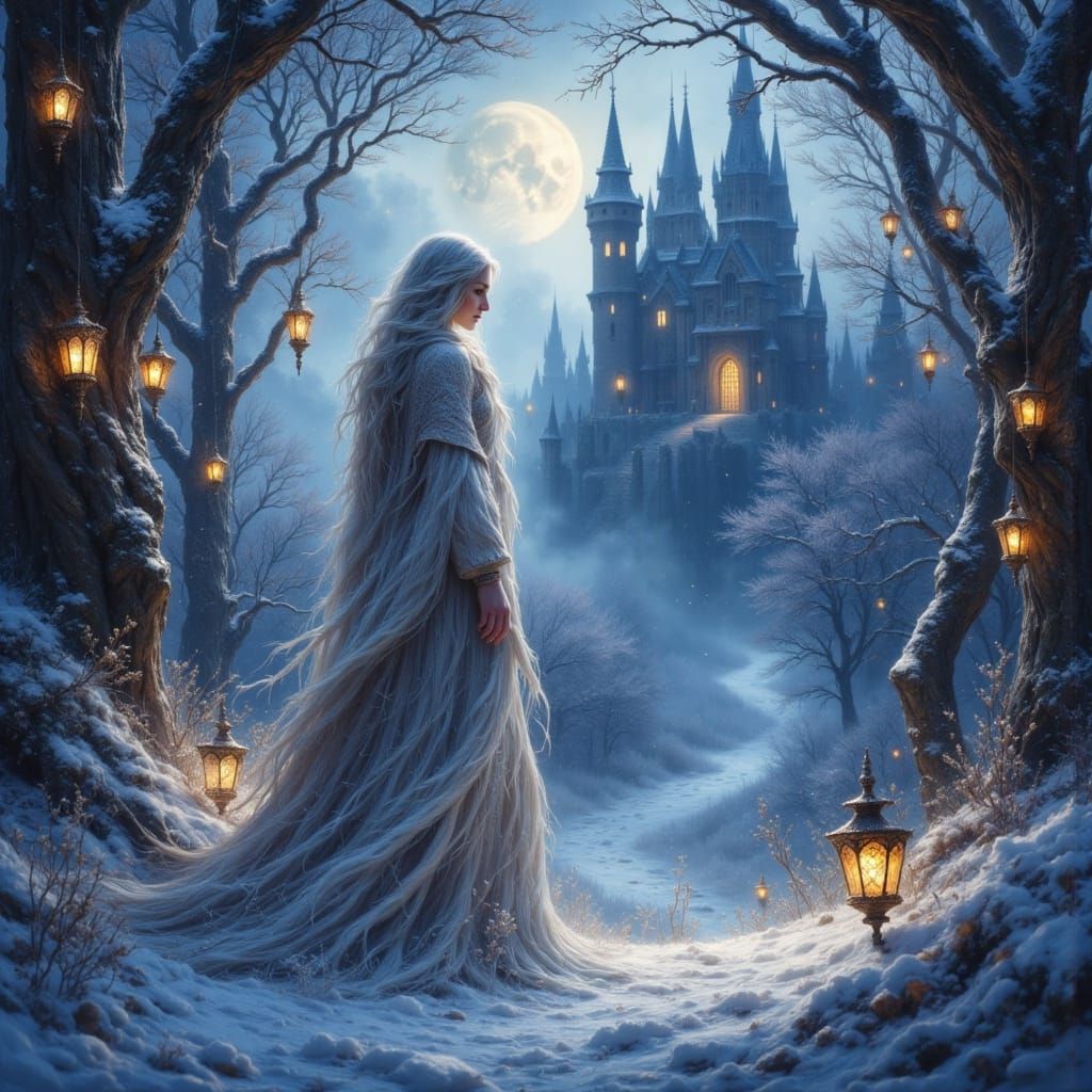 Moonlit Forest Scene with Floating Castle