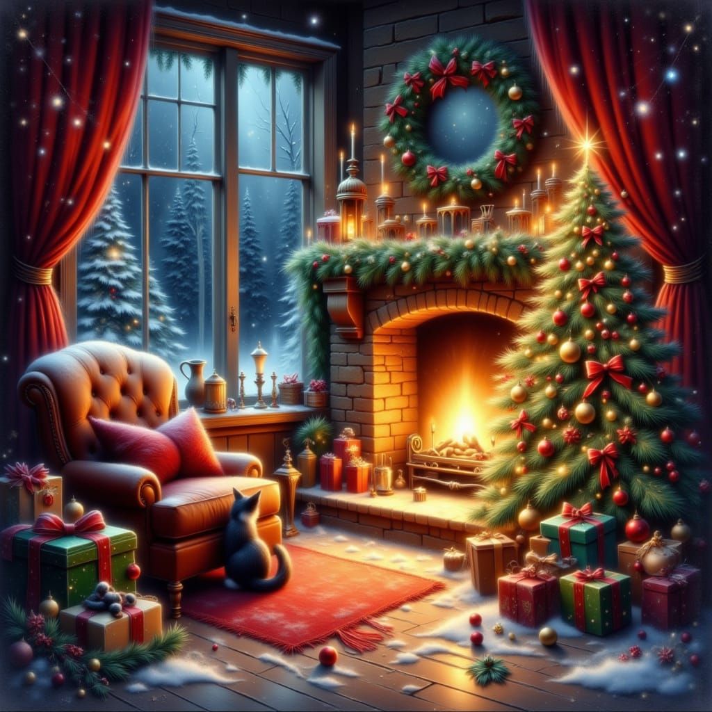 Cozy Christmas Eve Cottage Scene with Fireplace and Snow