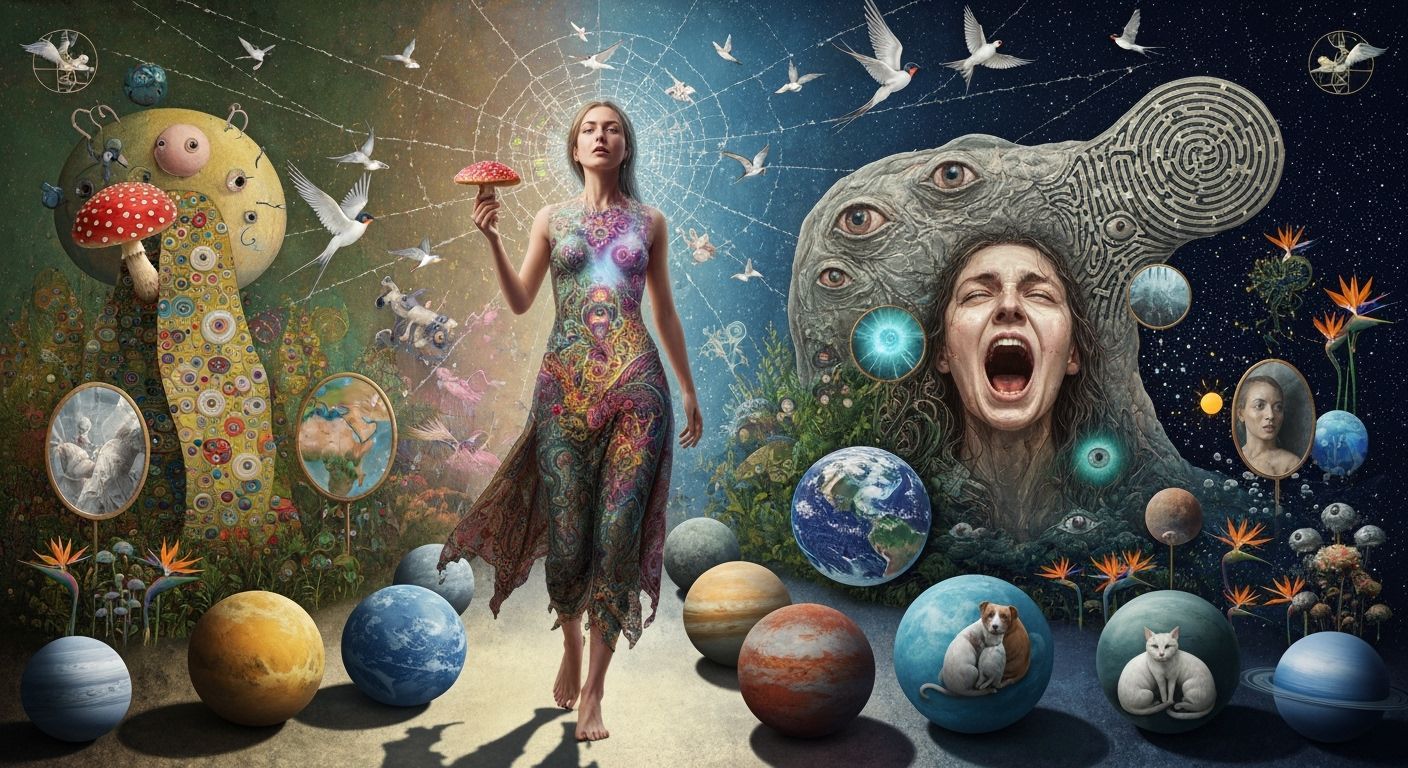 Mystical Woman Walks Surreal Planets with Ethereal Light