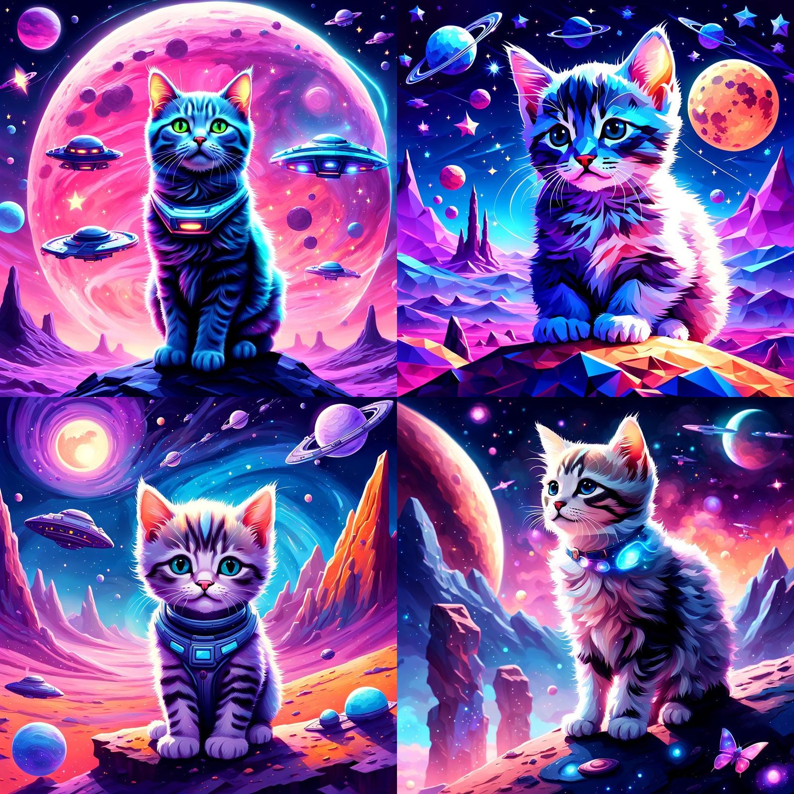 Cute Kitten in Starry Sky with Spaceships