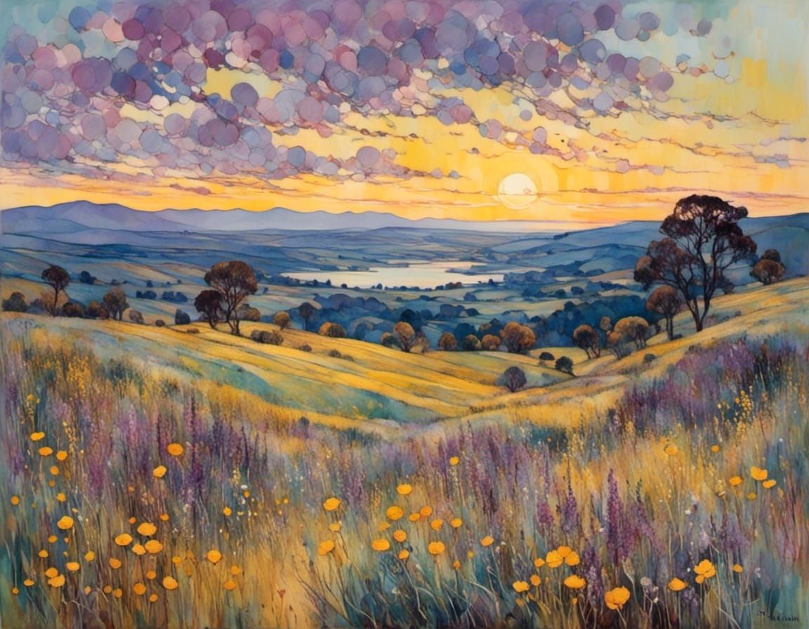 Yellow and Purple Landscape in Stained Glass Style