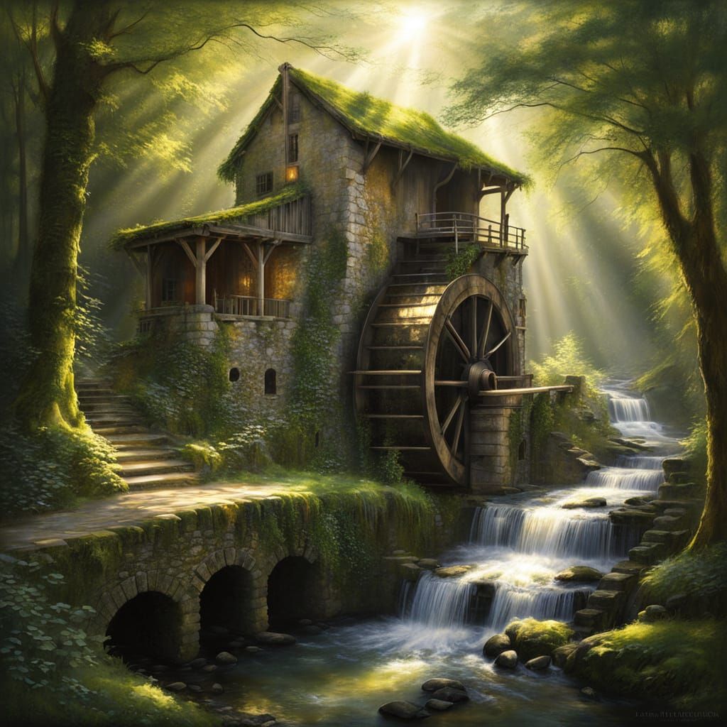 Moss-Covered Waterwheel in Sunlit Glory