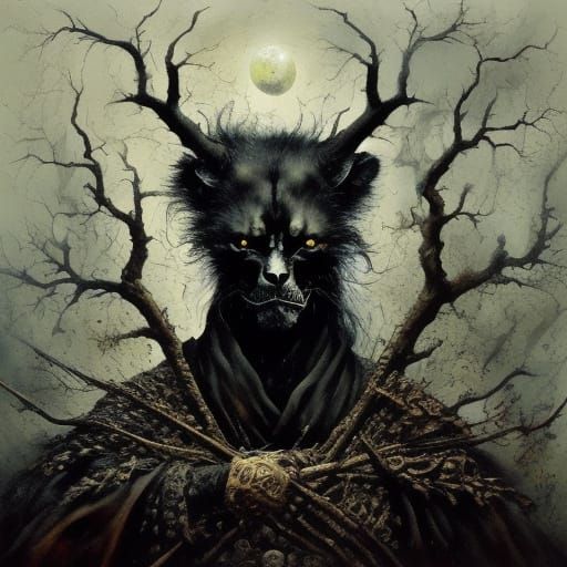 Surreal Forest Painting With Black and White Eyes