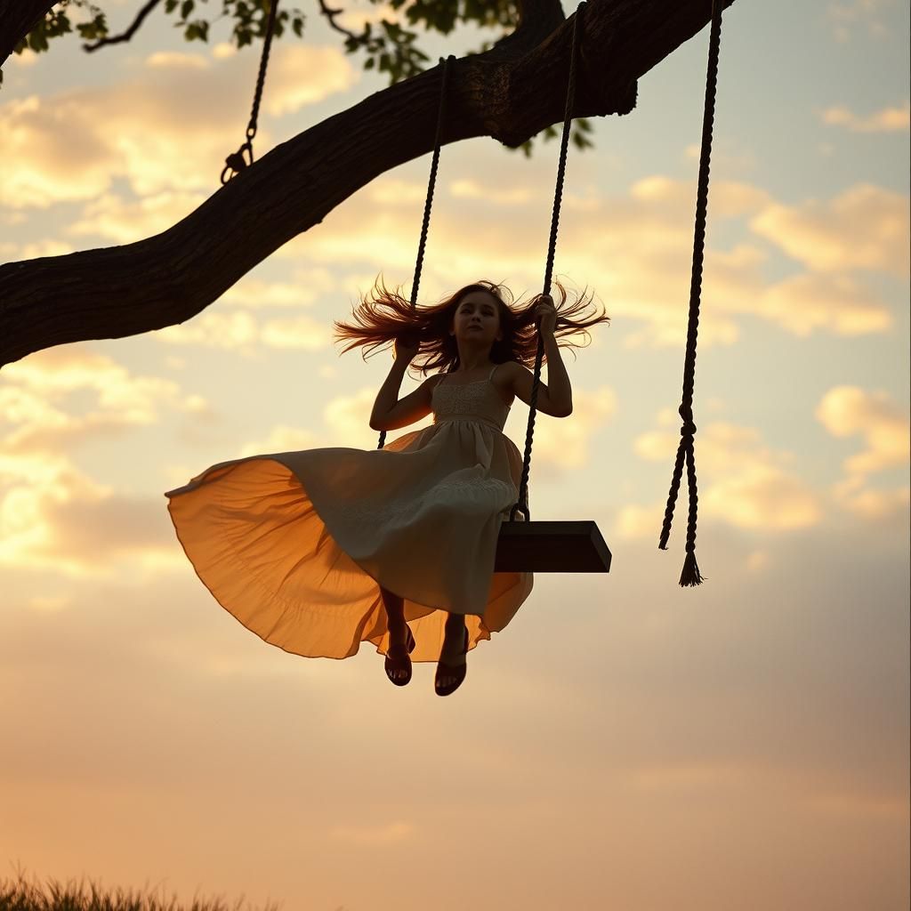 Girl on a Swing at Golden Hour, Cinematic Style