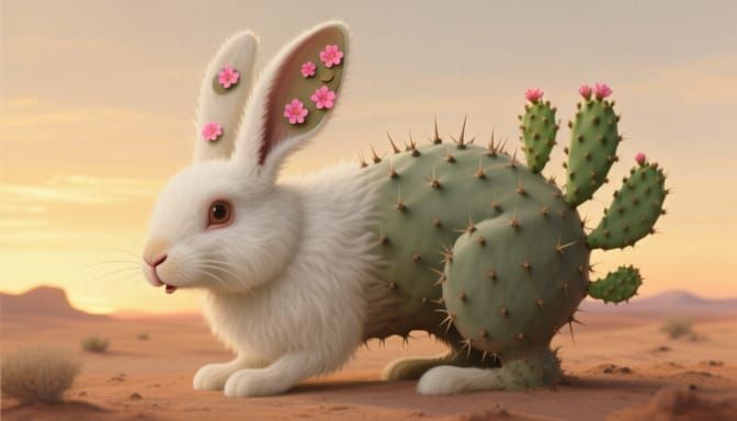 Whimsical Rabbit Cactus Hybrid in Desert Sunset