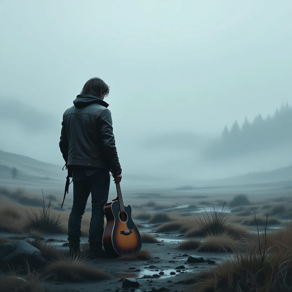 Desolate Guitarist in Dystopian Landscape