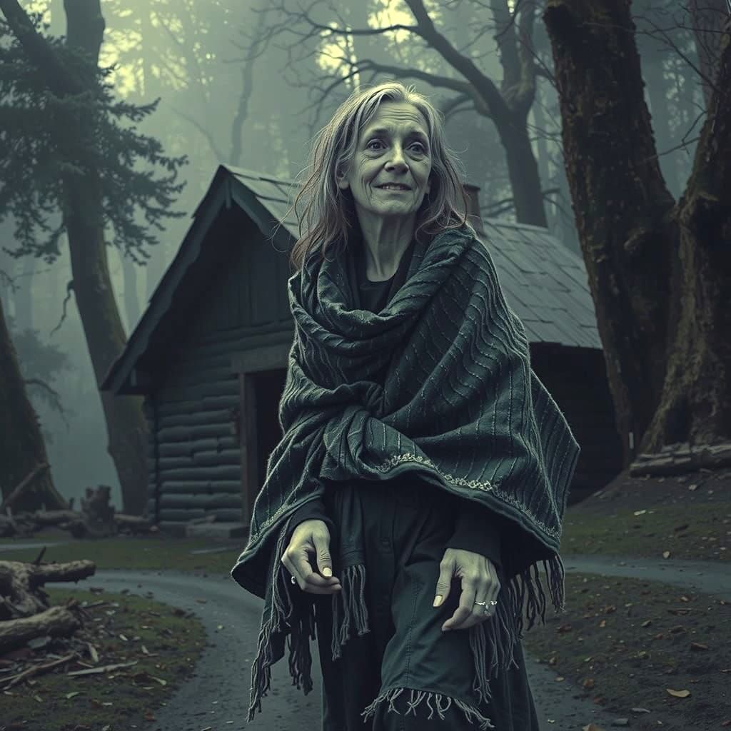 Sinister Old Woman in Misty Forest Hut