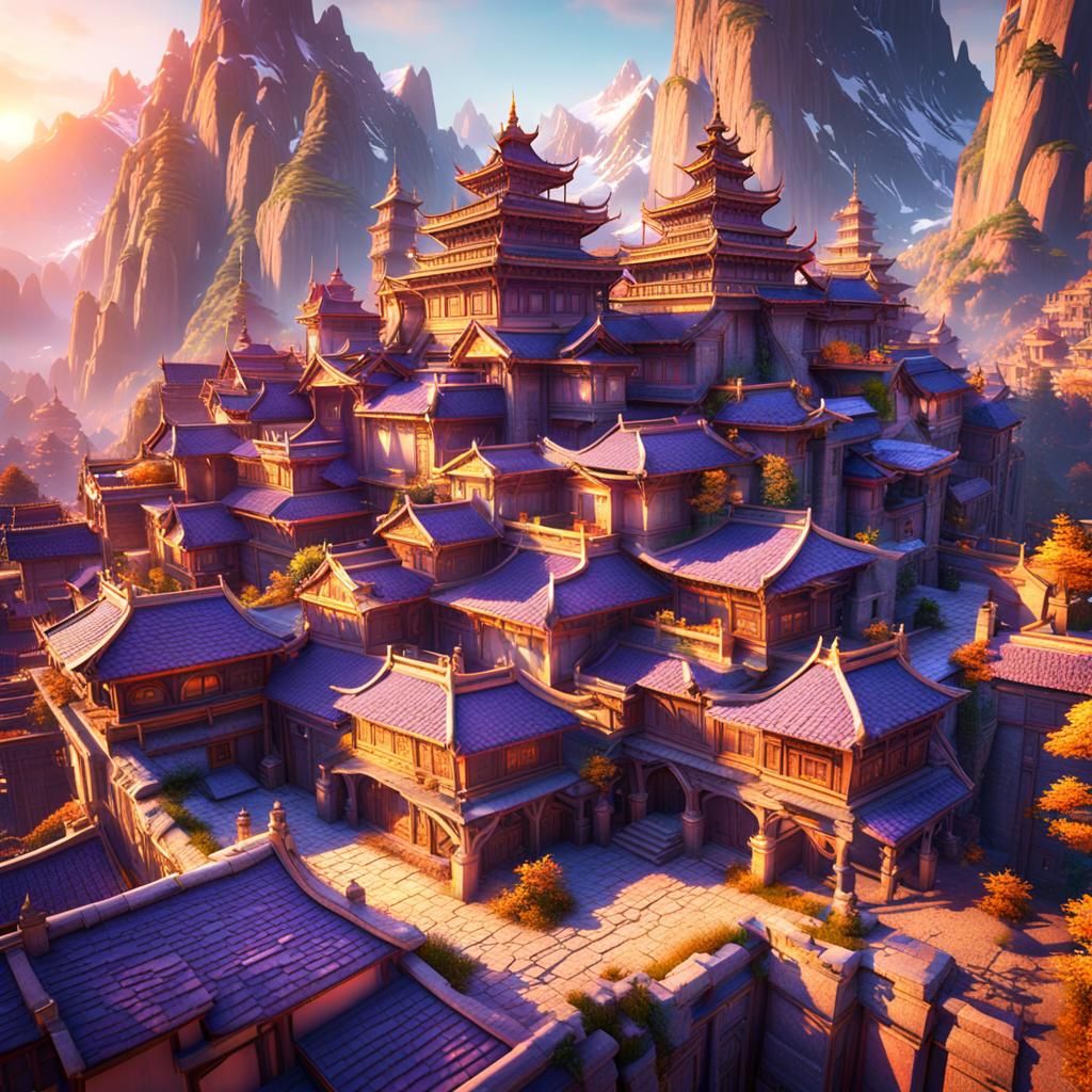 Fantasy City Sunset: 3D Game Cinematic Scene