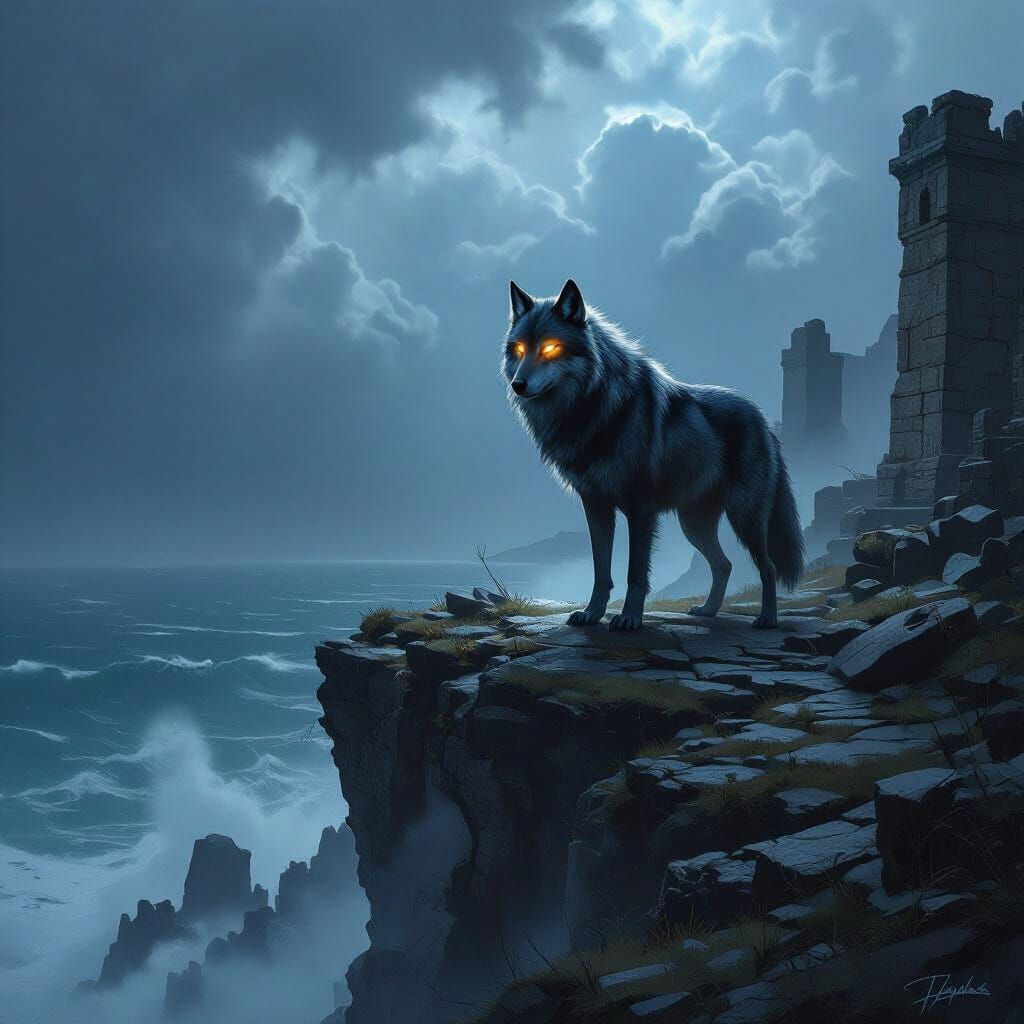 Lone Wolf on Cliff Overlooking Stormy Sea