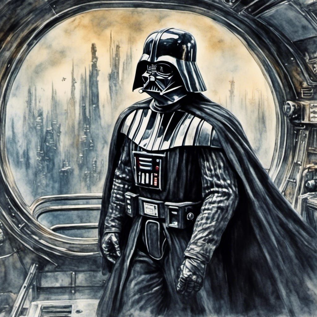 Darth Vader Watercolor Portrait in Vaporwave Sci-Fi