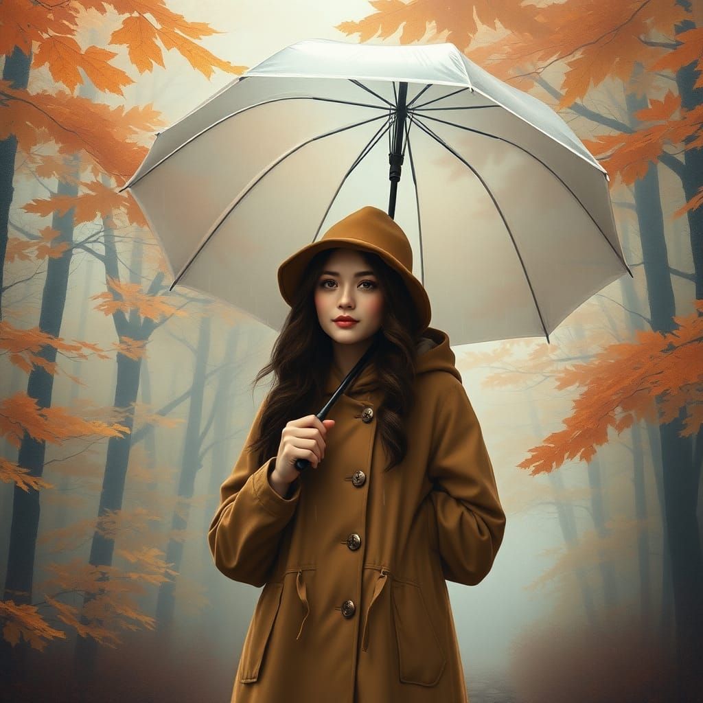 Autumn Serenity: Woman in Misty Forest as Illustration