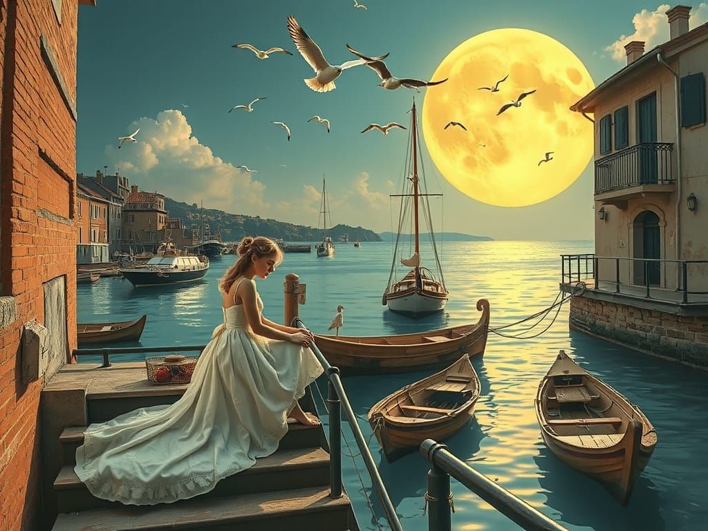 Fairy Girl in Harbour with Giant Moon