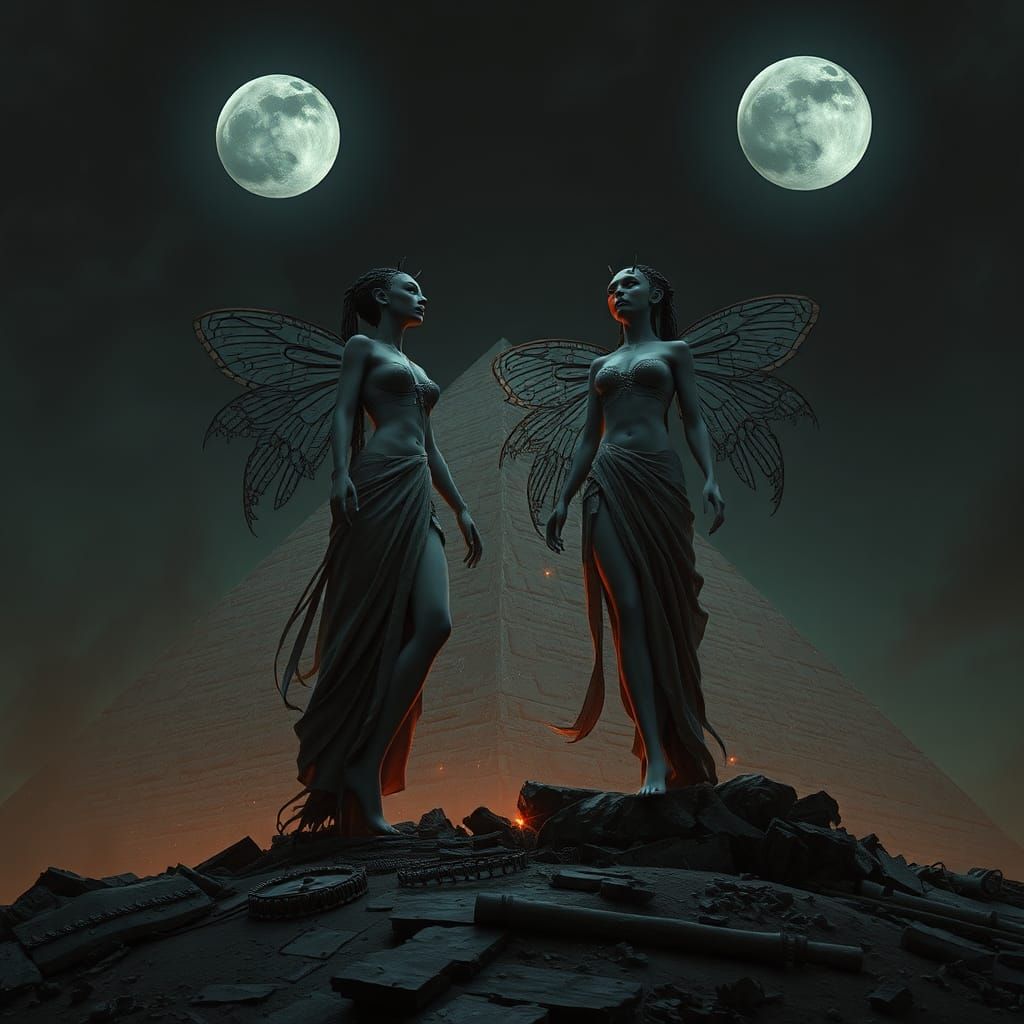 Mechanical Moths on Egyptian Pyramid in Sci-Fi Style