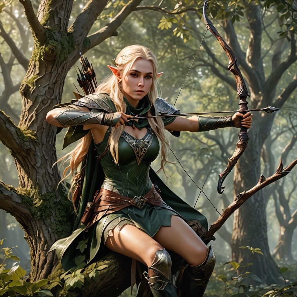 Elven Huntress in Tree Canopy with Enchanted Bow