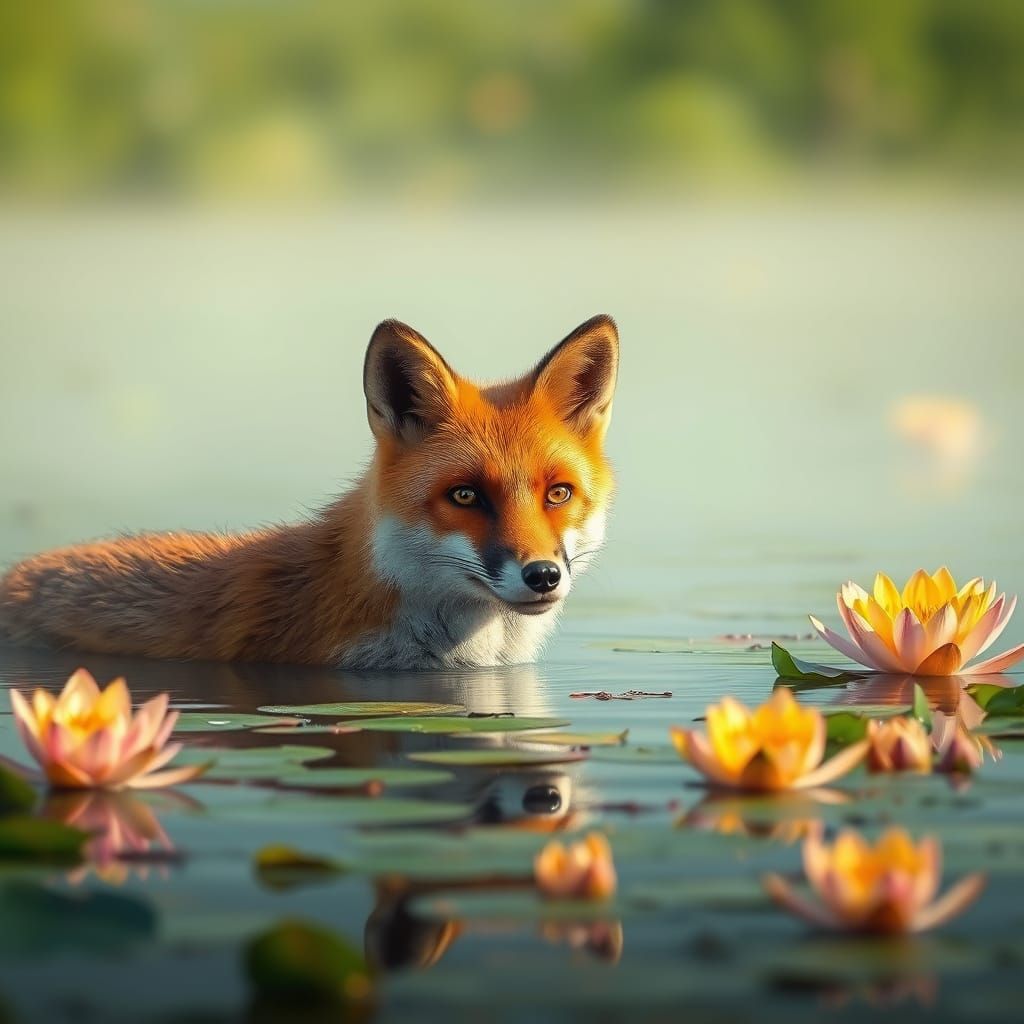 Fox in Misty Lake: Wildlife Photography