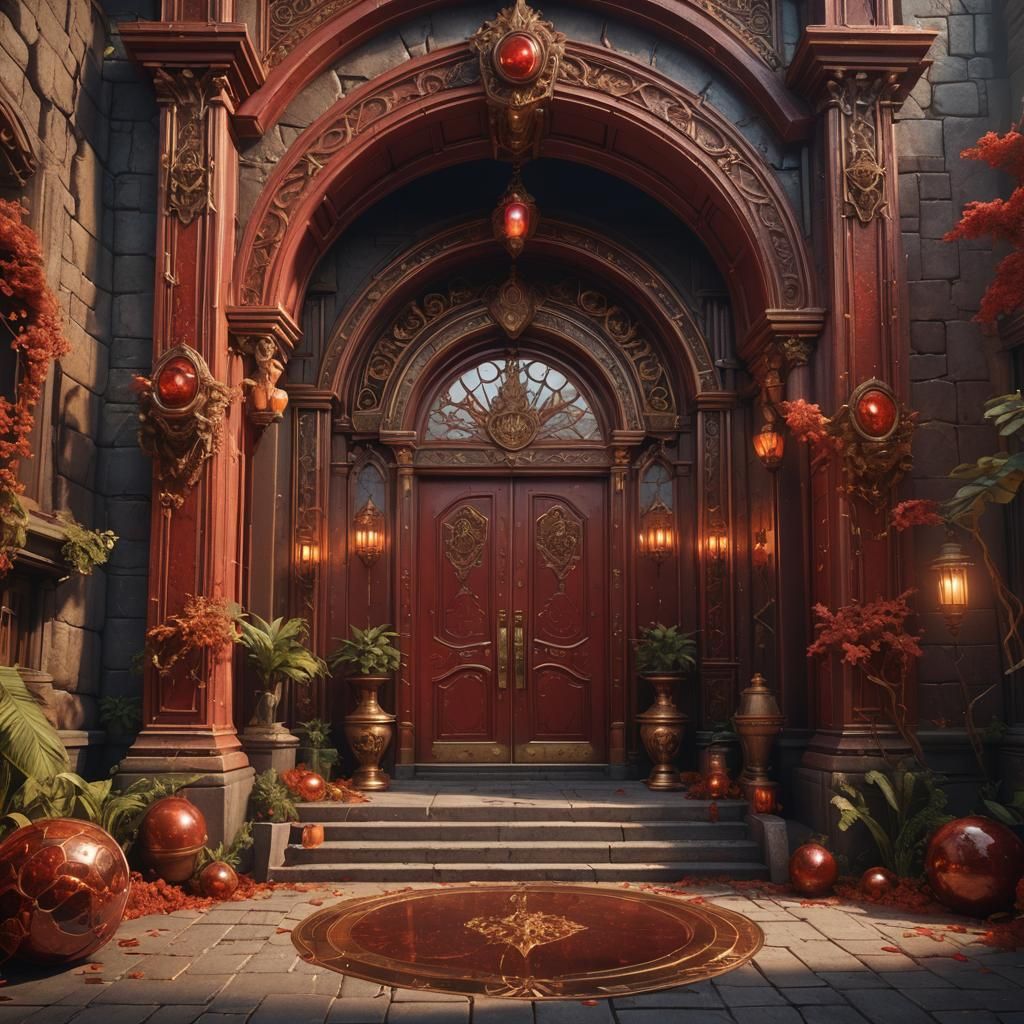 Fantastical Red Hessonite Entryway: Detailed Matte Painting