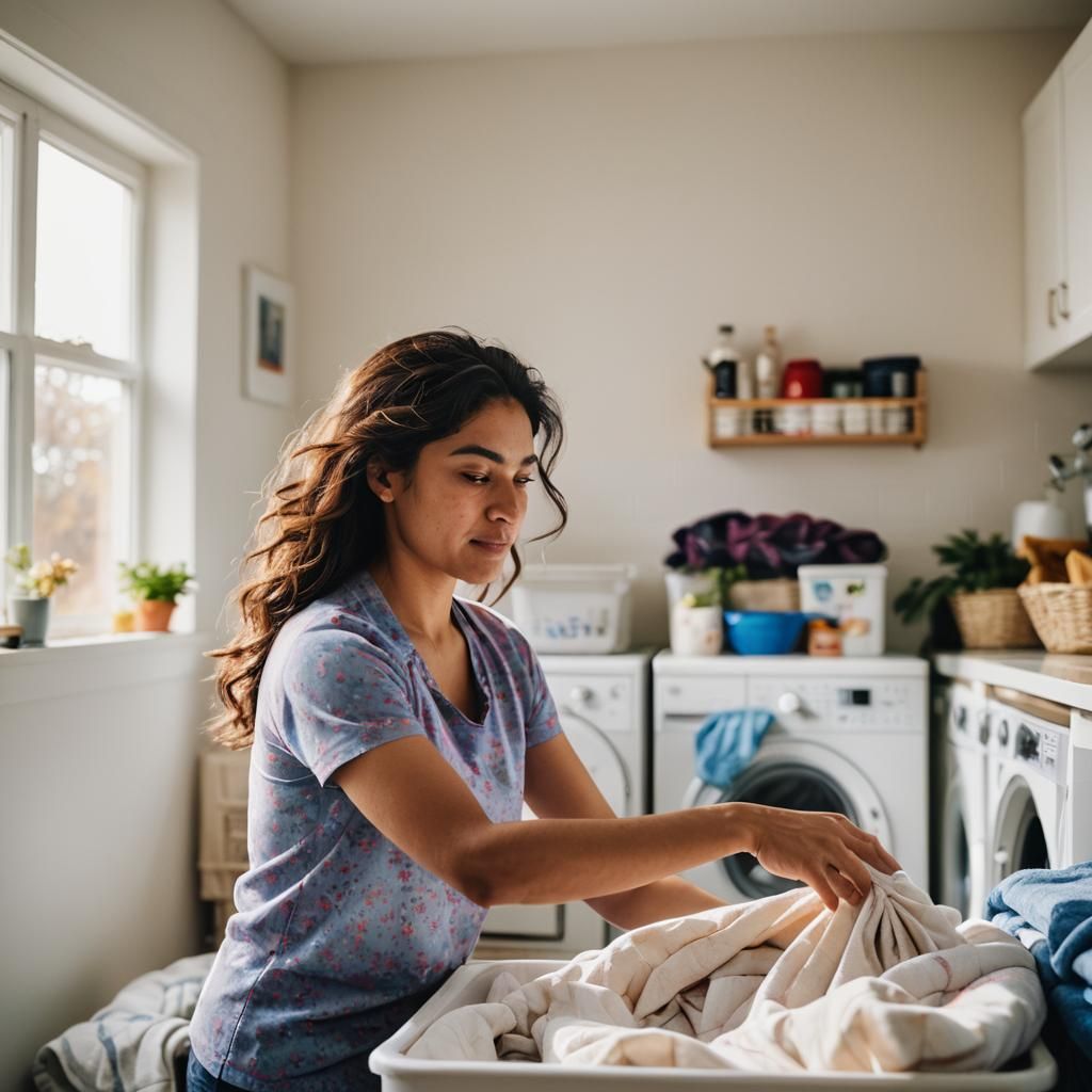 Latina Woman Washing Duvets: Vibrant Portrait Photography