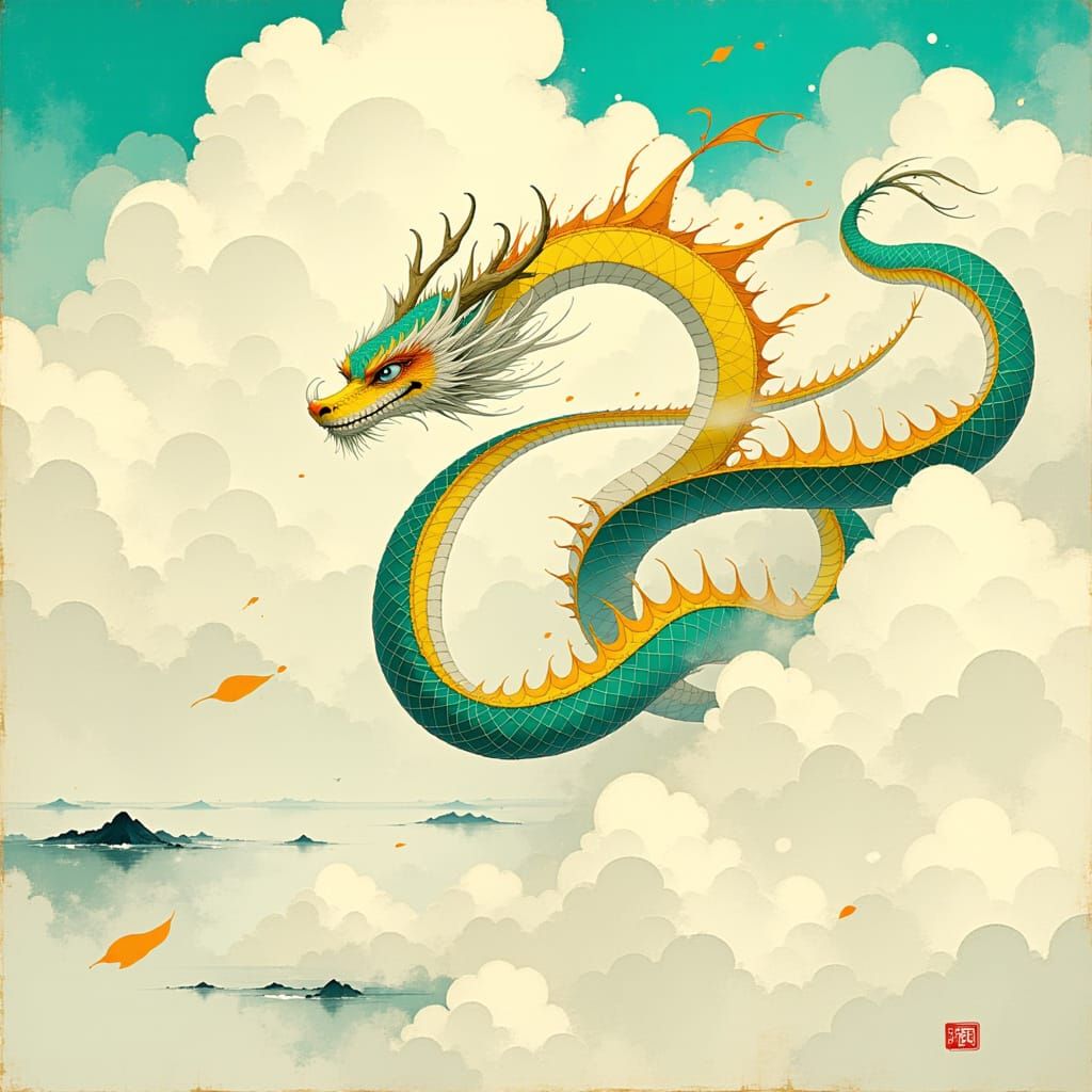 Majestic Asian Dragon Soaring Among Clouds