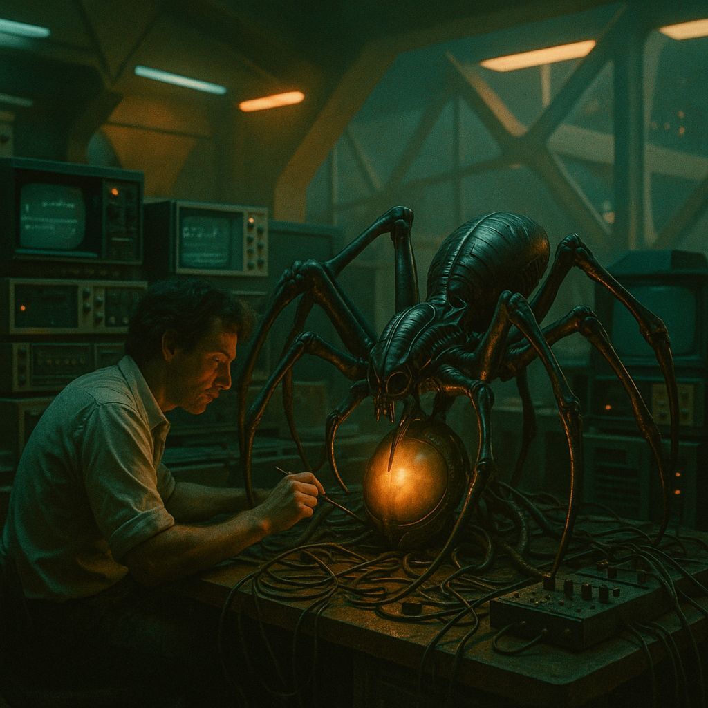 Retro-Futuristic Lab: Biomechanical Spider Sculpture