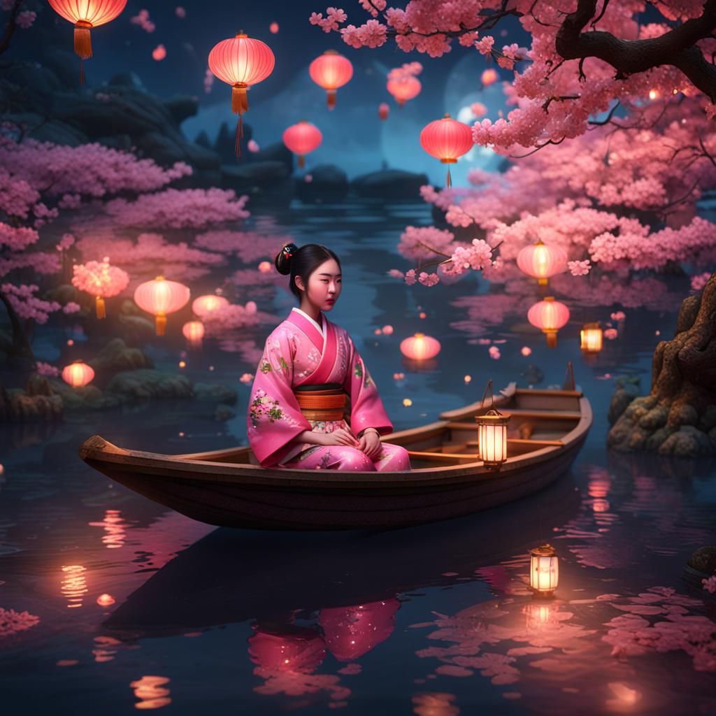Woman in Kimono with Lanterns and Koi, Digital Art