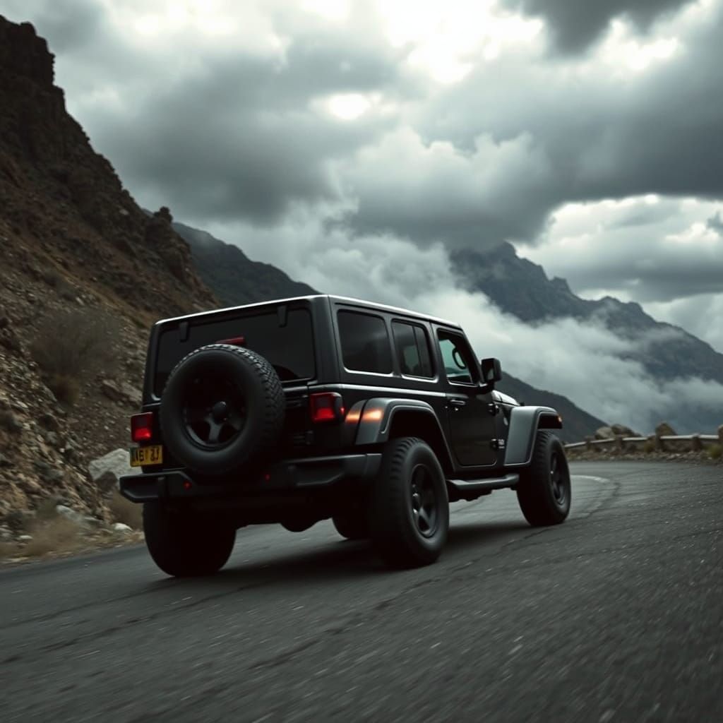 Black Jeep on Mountain Road in Dramatic Style
