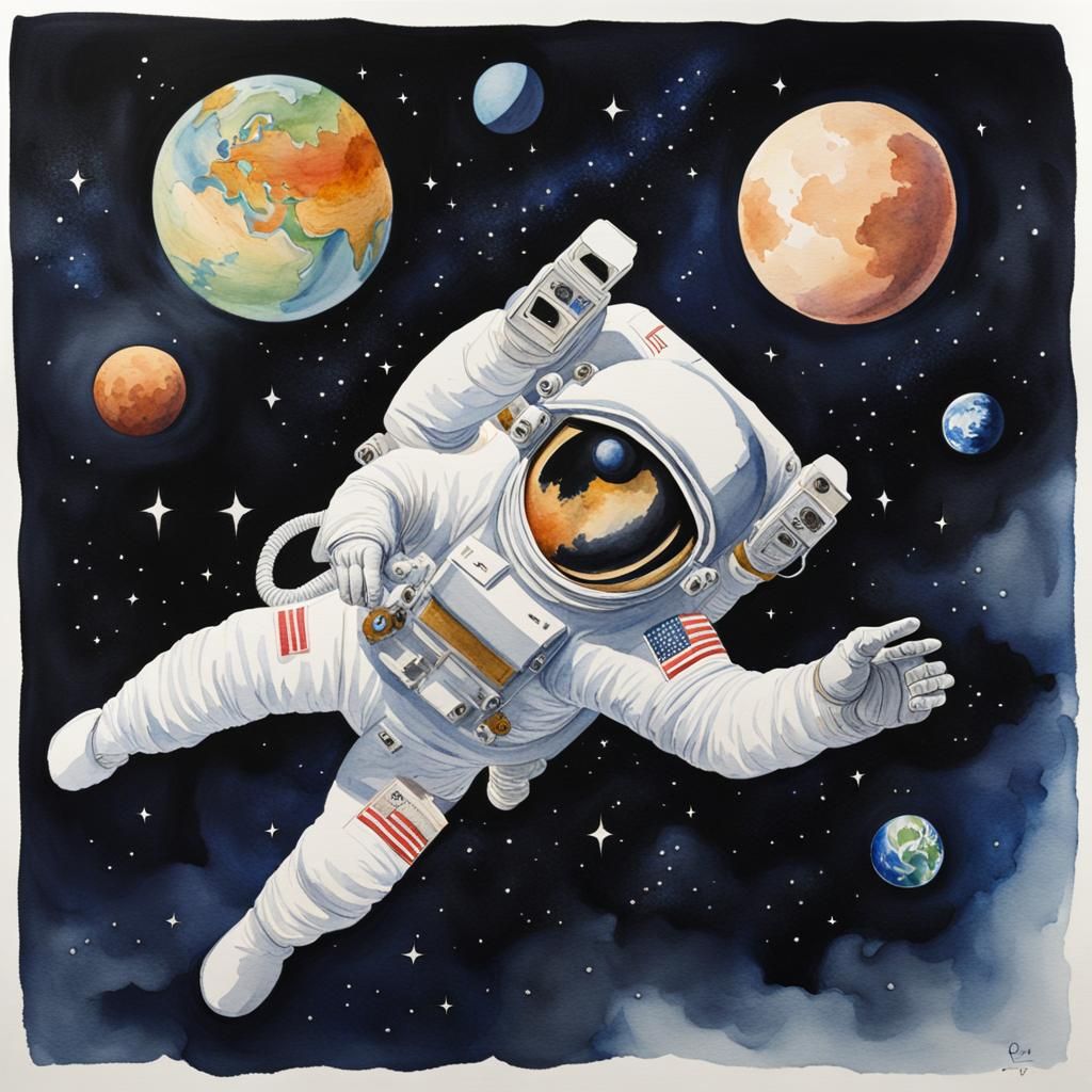 Astronaut Drifting in Space: A Watercolor Painting