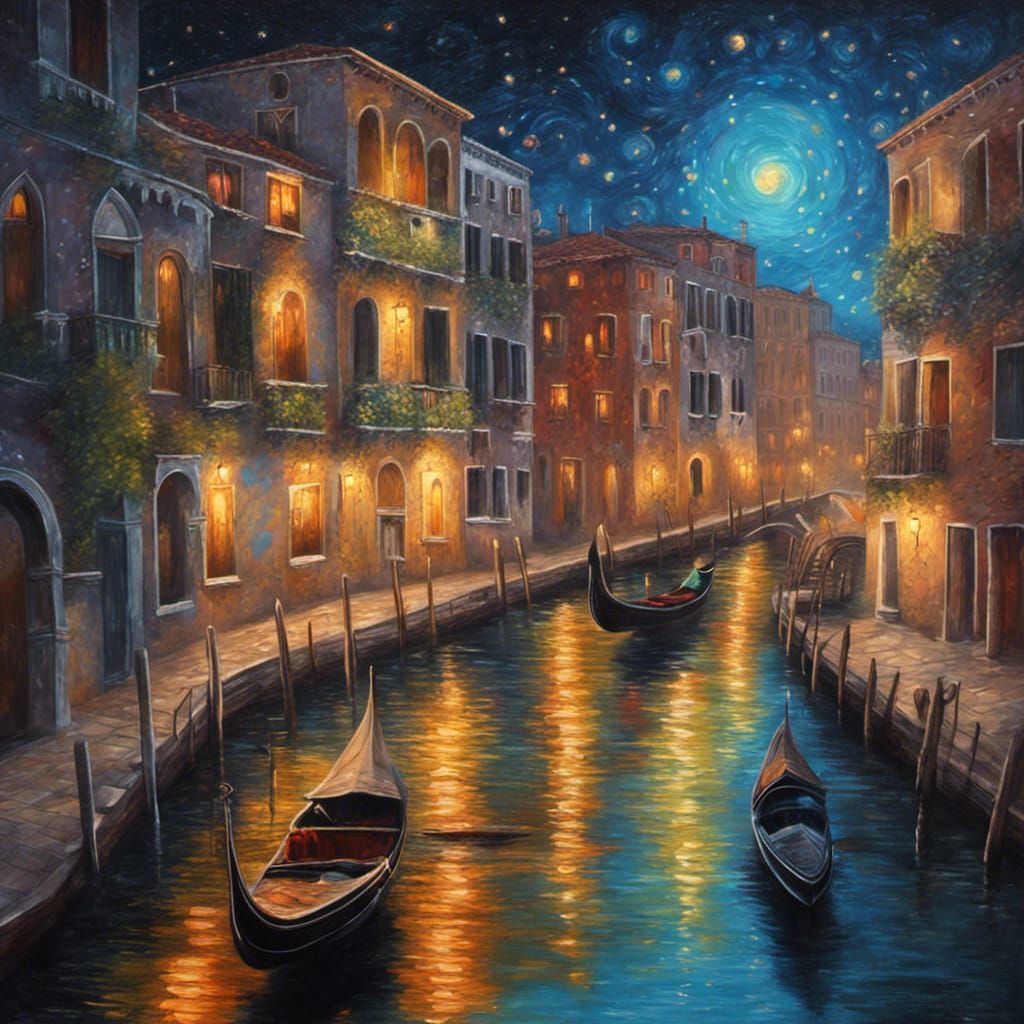 Venice Gondola at Night: Detailed Oil Painting