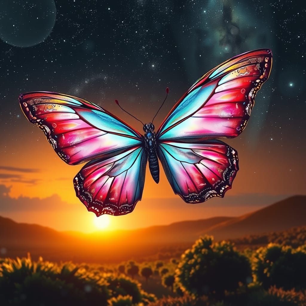 Iridescent Butterfly Soaring Above Emerald Landscape