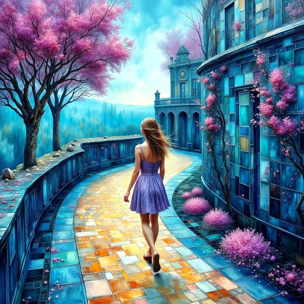 Woman on a Tiled Path: Impasto Oil Painting